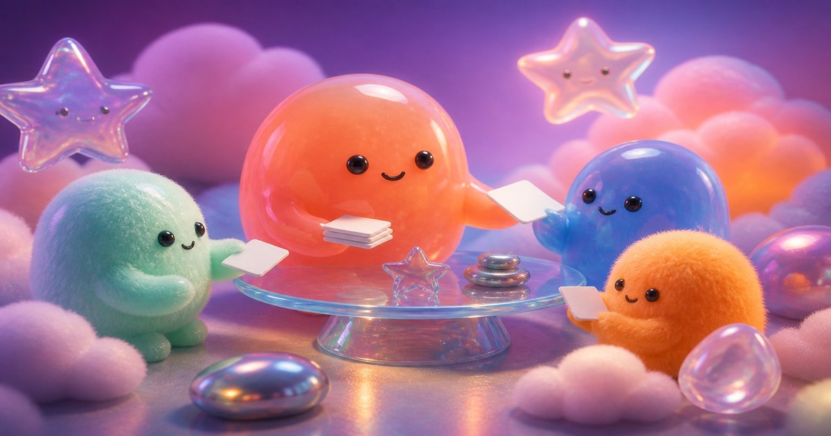 A coral boss mascot at a glass table hands job cards to mint writer, blue researcher, and orange finder mascots.