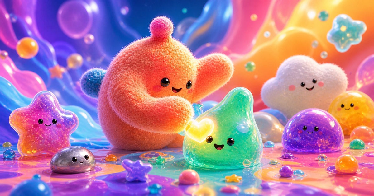 A fuzzy coral character gives a glowing heart to a new mint-green droplet friend.