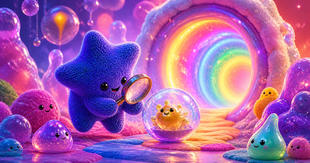 A fuzzy blue star inspects a tiny golden creature arriving through a rainbow portal.