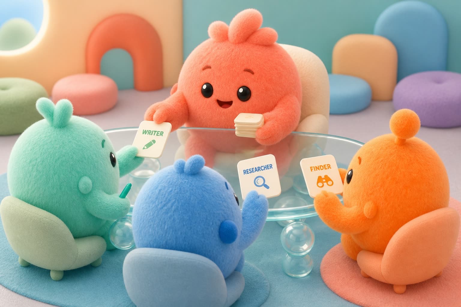 A coral boss mascot at a glass table hands job cards to mint writer, blue researcher, and orange finder mascots.