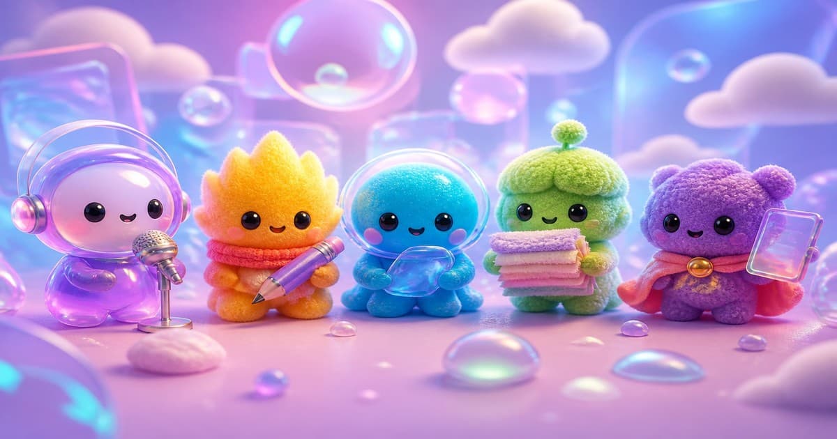 Five soft designer-toy specialists with pencils, mics, and glowing panels stand together in a luminous pastel studio for AI copywriter seats.