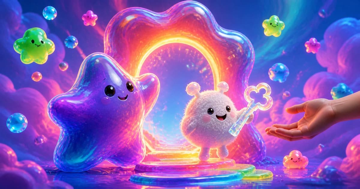 A glossy purple star and fuzzy cloud offer a glowing key-shaped bubble at a radiant shared gateway.