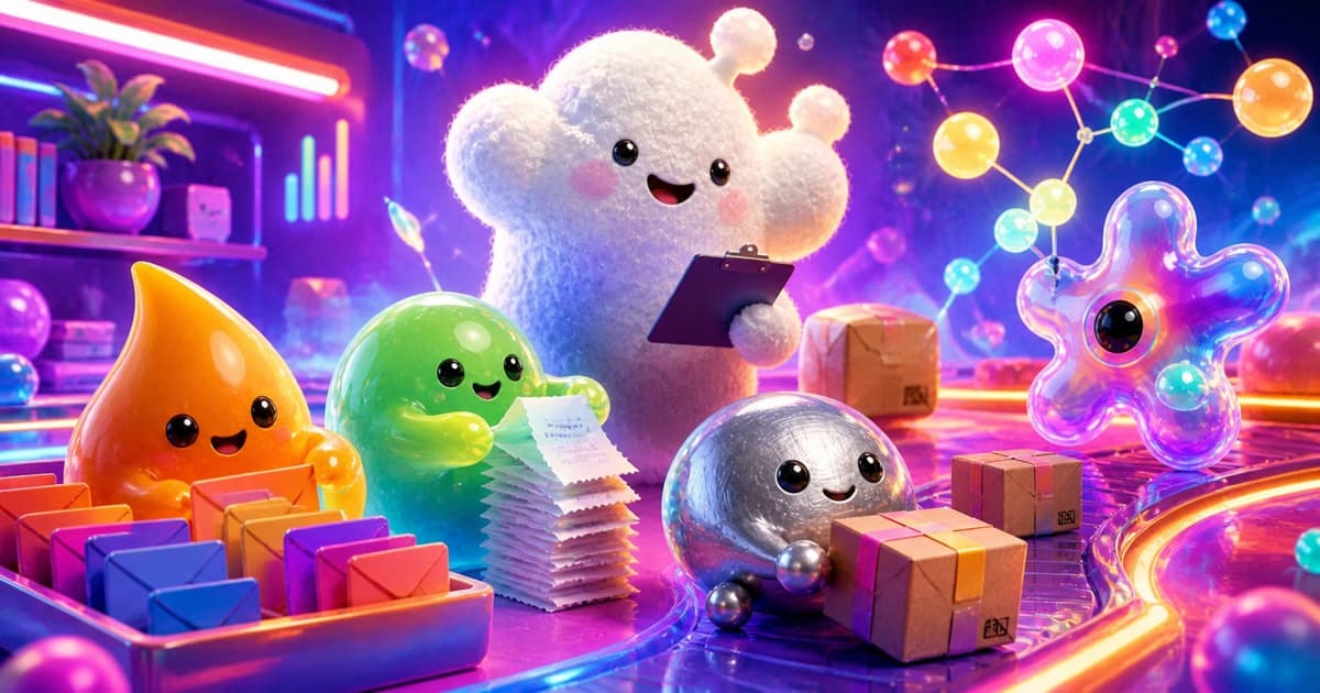 A cheerful team of tiny jelly characters run a colourful miniature office around one fuzzy founder cloud.