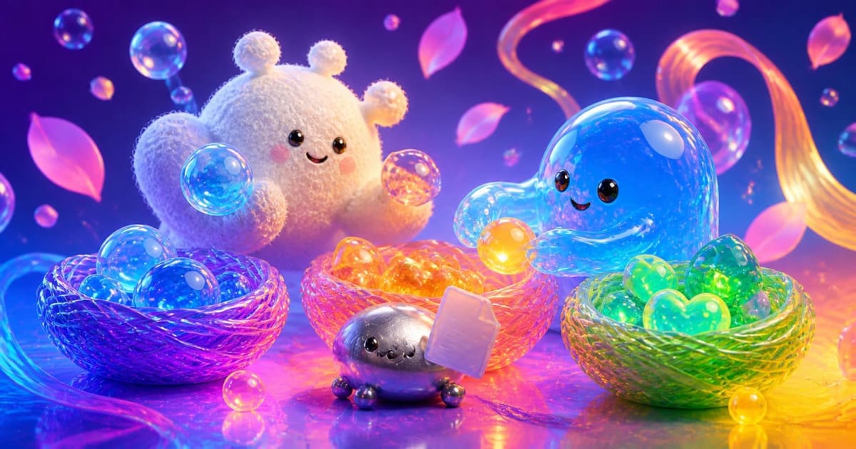 A pearly cloud and blue jelly droplet sort glowing memory orbs into separate colourful nests.
