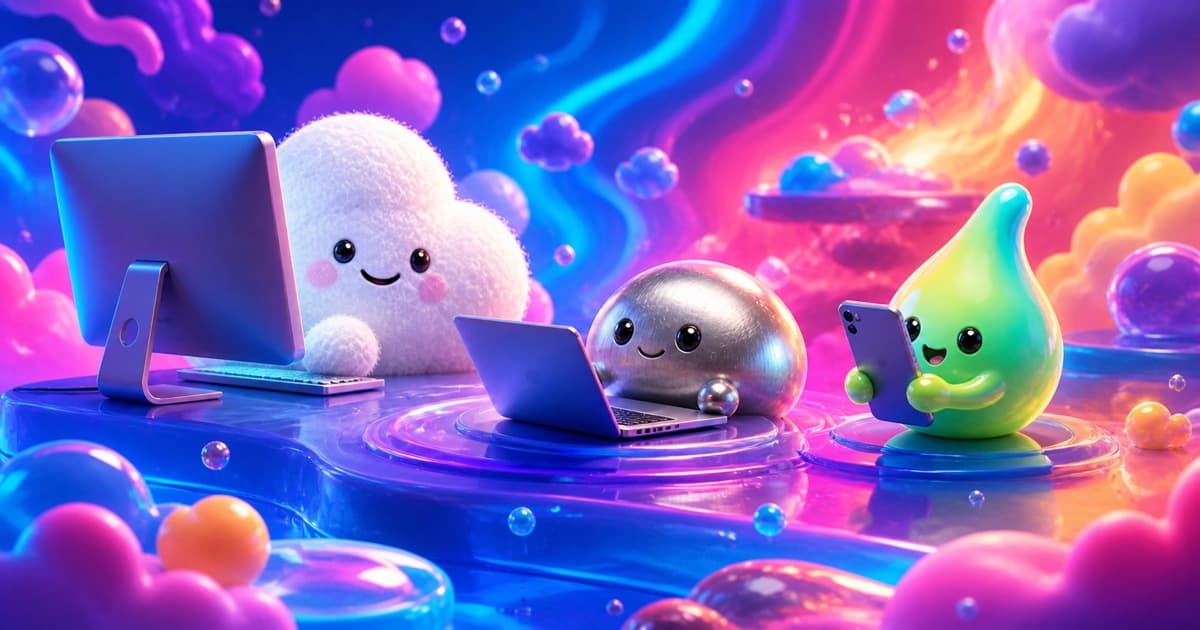 A fluffy cloud, silver pebble, and lime droplet happily use a desktop computer, laptop, and phone.