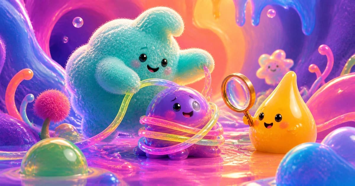 A teal cloud and yellow droplet gently untangle a smiling purple blob from glowing ribbons.