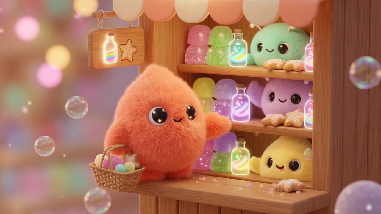 A fuzzy coral shopper with a tiny basket visits a candy-colored stall of glowing bottles.