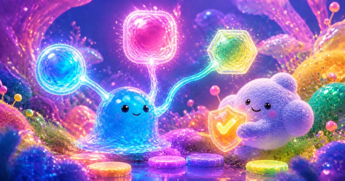A blue jelly and fuzzy lavender cloud connect three glowing portals while checking a golden approval shield.