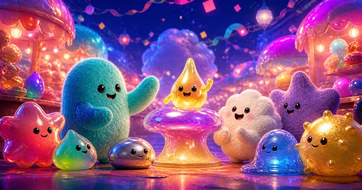 Colorful abstract creatures celebrate a golden droplet appearing on a glowing marketplace stand.