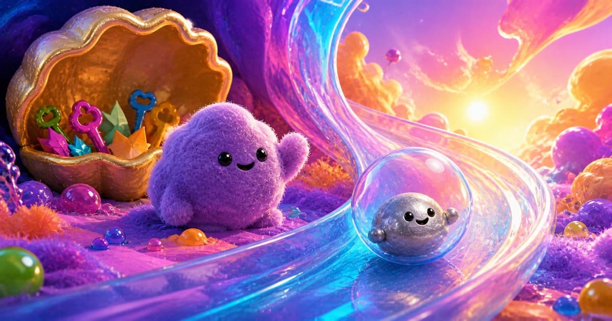 A purple cloud waves as a silver pebble glides away while colorful keys remain safe in a golden shell.