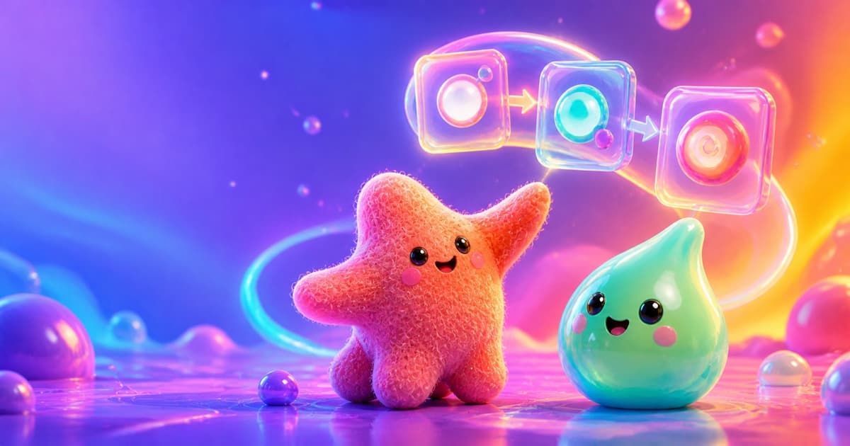 A fuzzy coral star teaches a mint droplet a glowing three-step workflow in a colourful learning world.