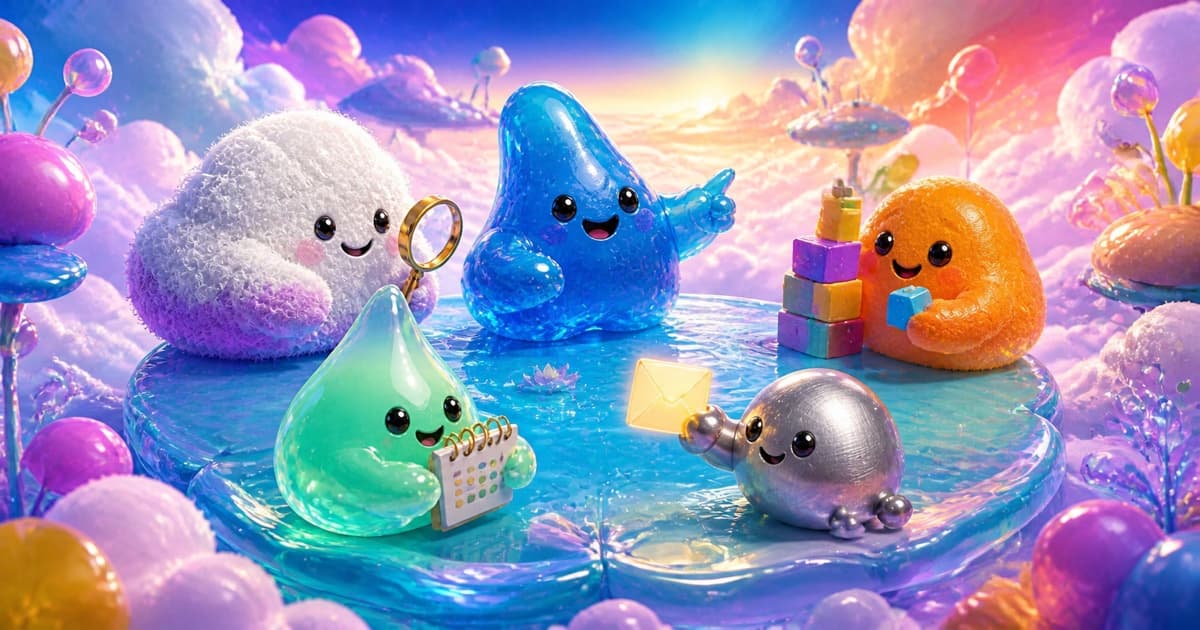 A blue jelly star coordinates fuzzy cloud, mint droplet, orange builder, and silver messenger characters around a glass table.