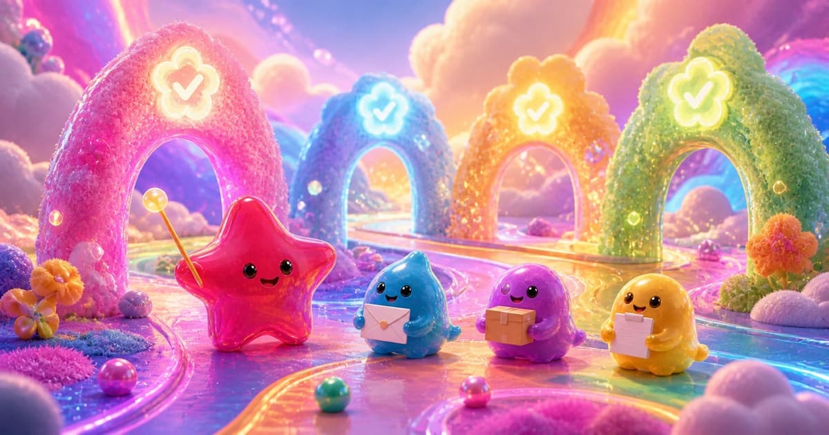 A ruby star guides colorful blobs carrying work through soft glowing approval arches.