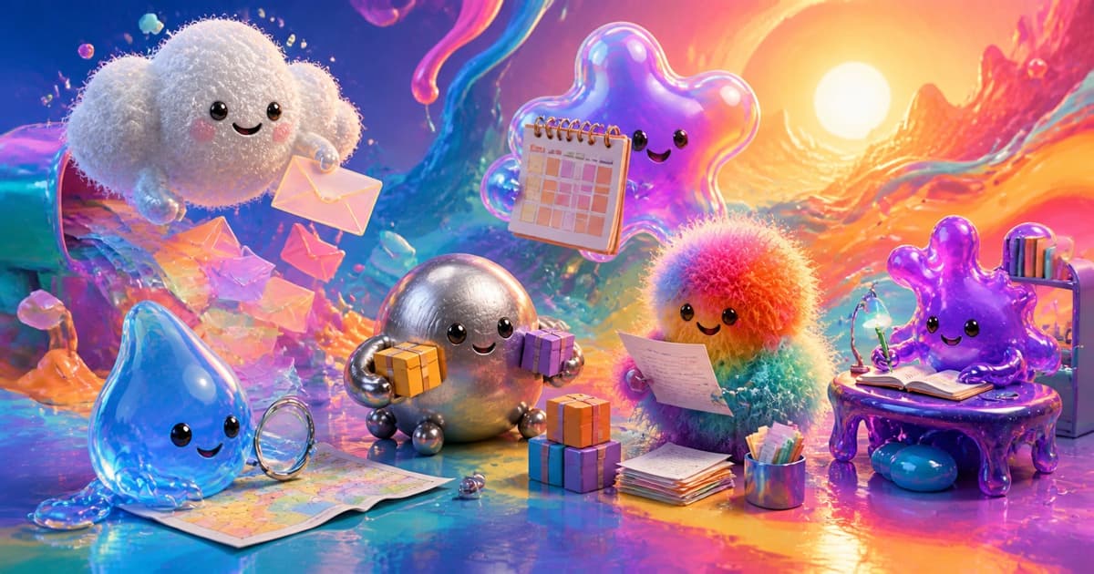 A cloud, star, droplet, metallic pebble, pom-pom, and glossy blob happily tackle different jobs together.