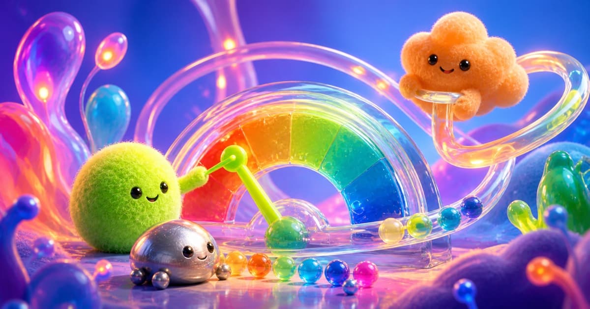 A silver pebble counts glowing marbles while fuzzy cloud characters adjust a rainbow energy gauge.