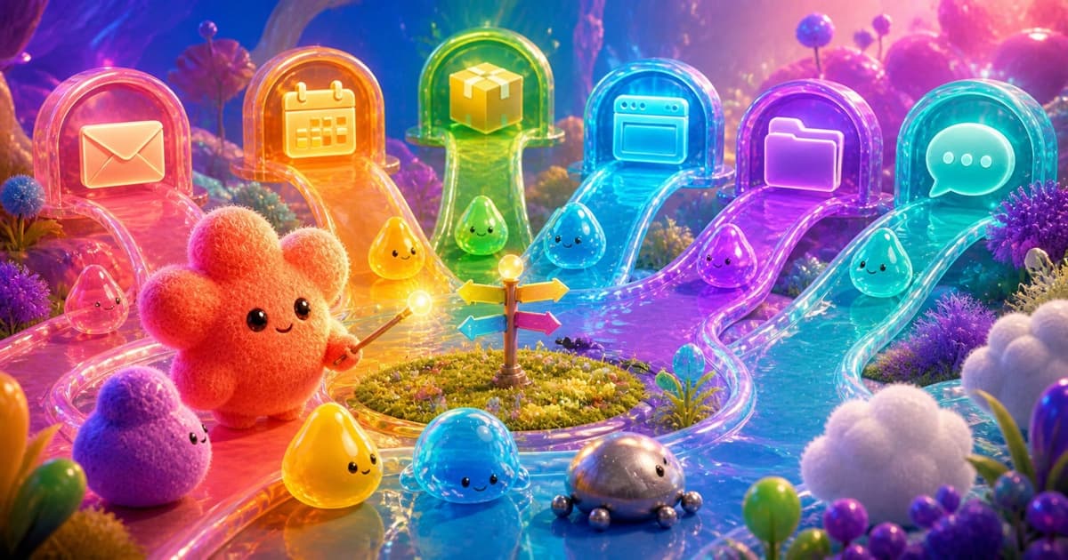 A fuzzy coral flower guides colorful droplets toward glowing envelope, calendar, parcel, browser, folder, and chat paths.
